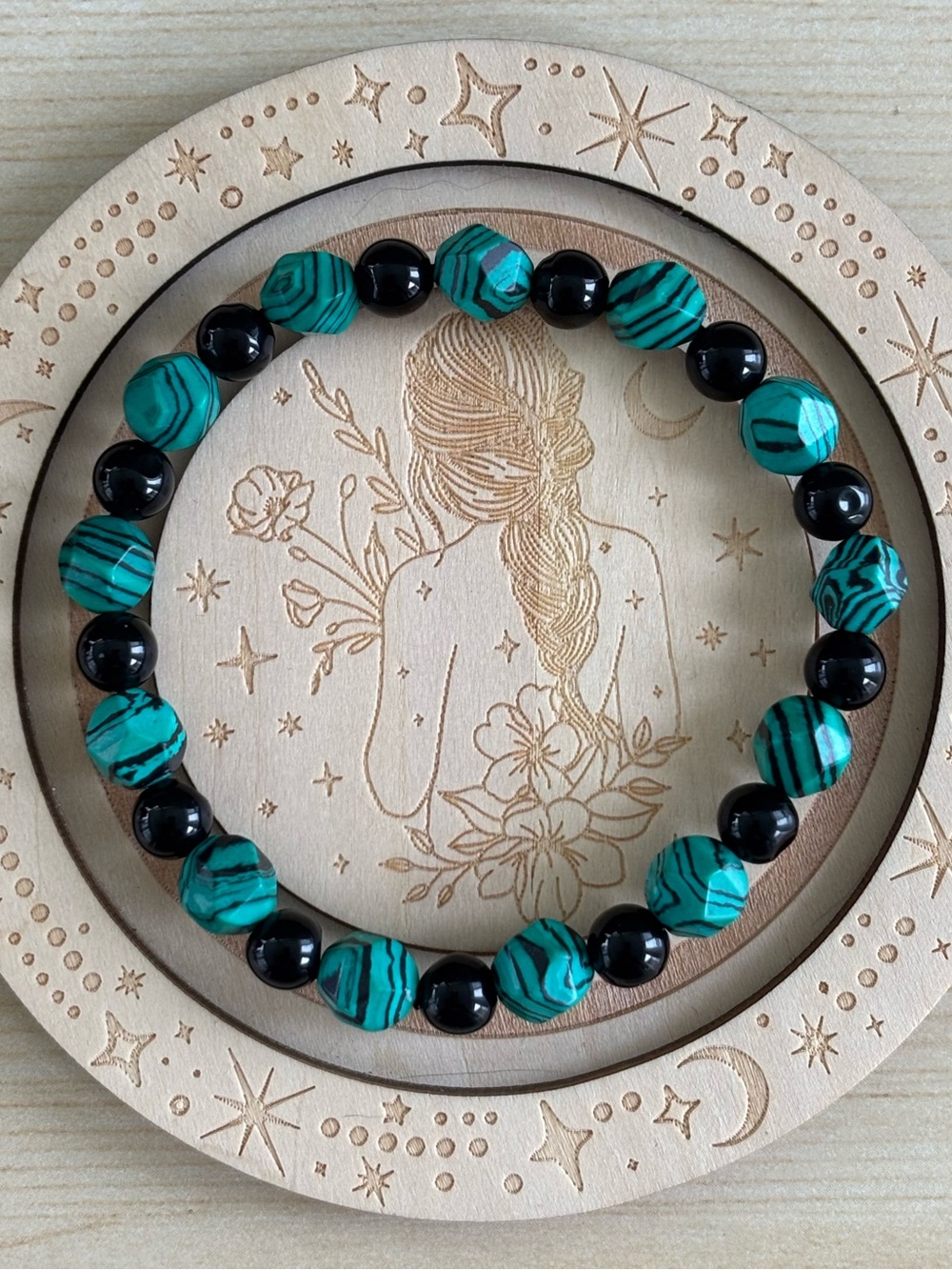 Faux Malachite & Obsidian Beaded bracelet